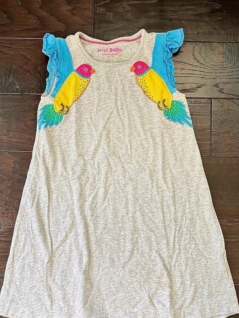 Mini Boden Parrot Appliqué Jersey Dress Blue & Gray 6-7Y